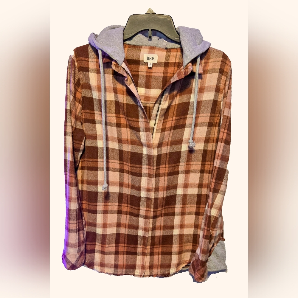 BKE Brown, Orange & Tan Plaid Hooded Flannel Womens SMALL ​**PERFECT FOR FALL!!